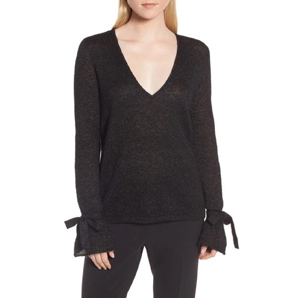 Lewit Metallic Mohair Blend V-Neck w/ Tie Cuff Sweater size Medium